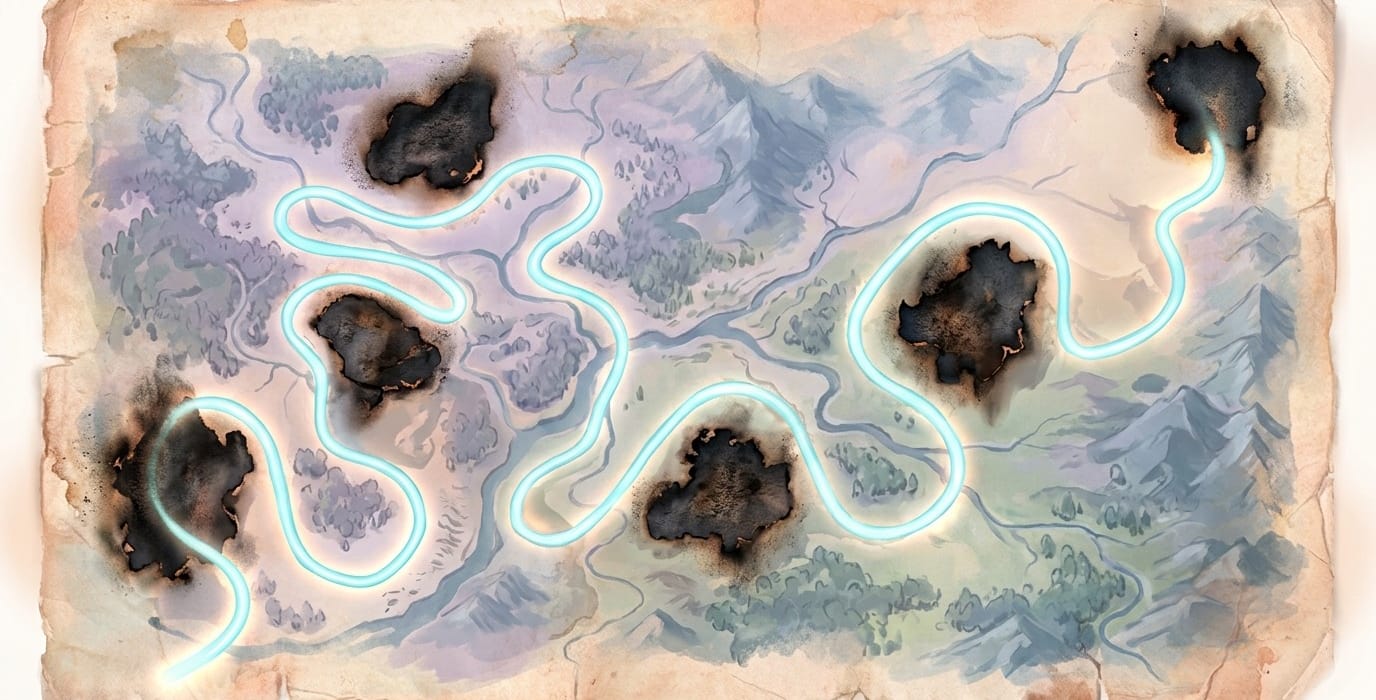 Carte ancienne parcourue d un chemin lumineux qui contourne six zones brulees