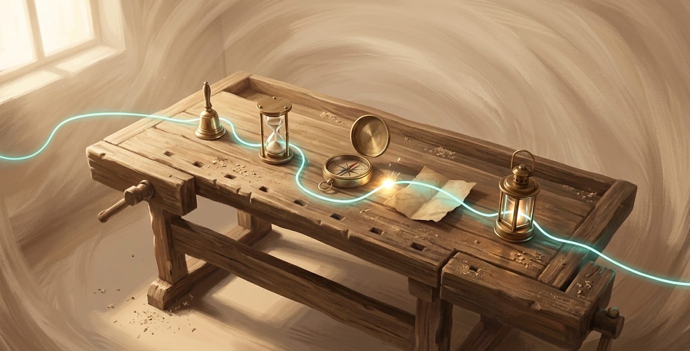 Un établi de menuisier désert à l aube, cinq petits instruments de laiton alignés dessus, reliés par un fil de lumière cyan qui se passe une étincelle de l un à l autre